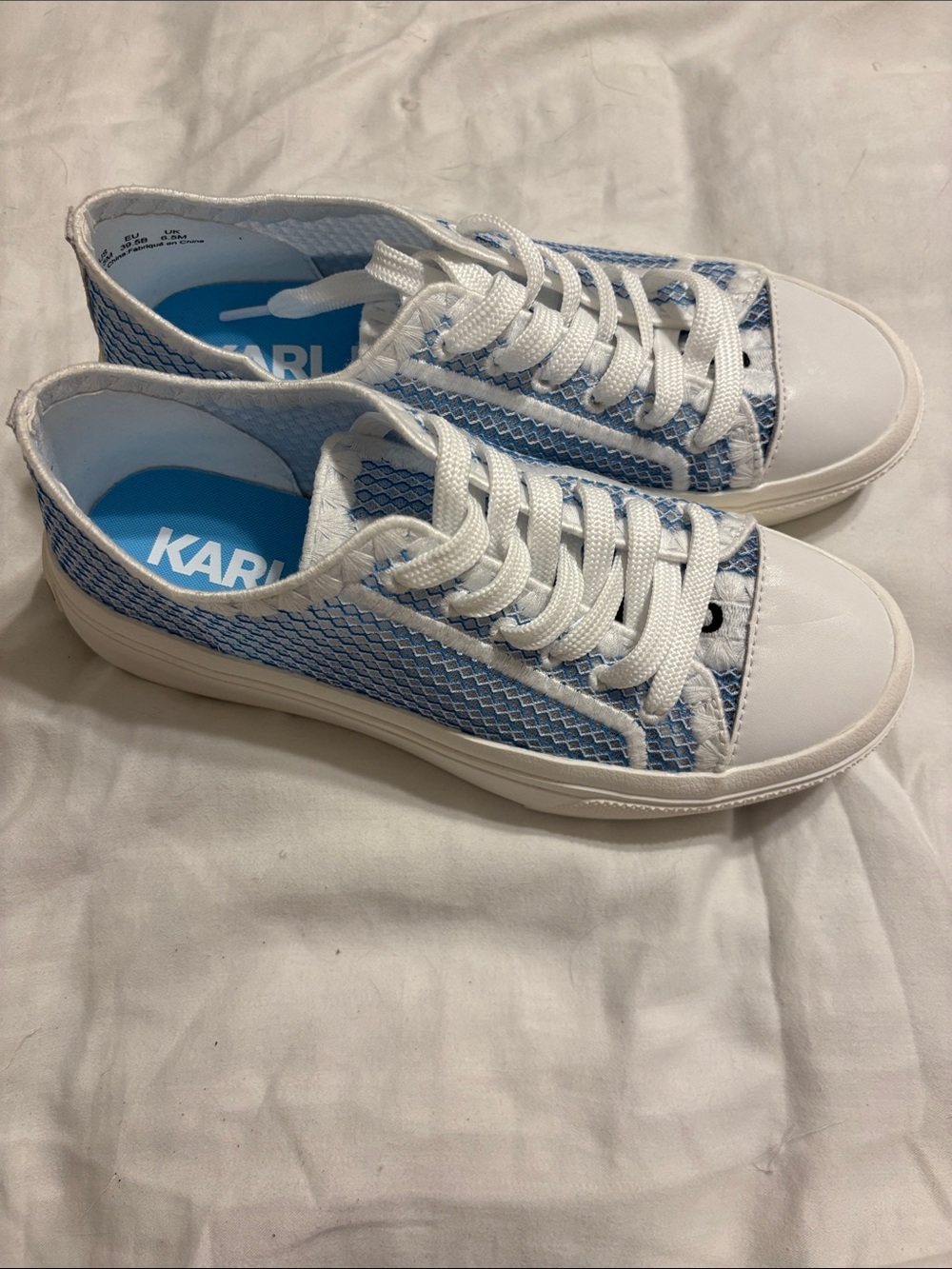 Karl Lagerfeld White and Light Blue Knit Lace-Up Sneakers for Women - Picture 2 of 7